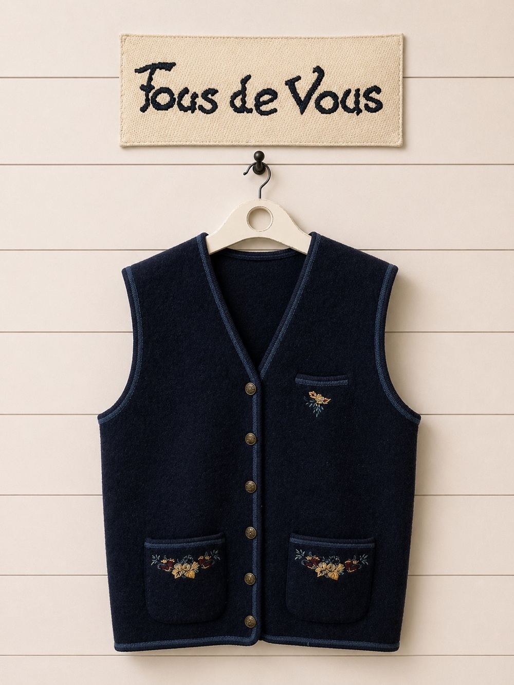 FOUS DE VOUS Navy Embroidered Vest – Size L